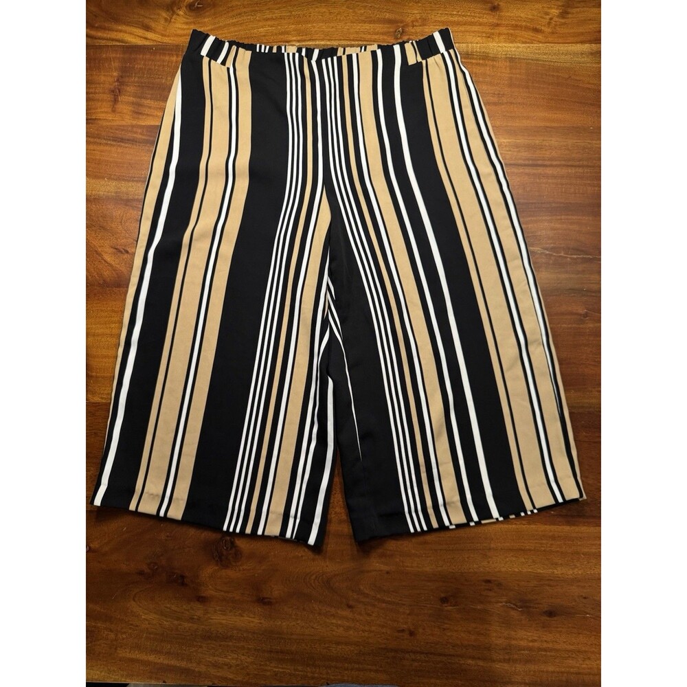 Chicos Striped Crop Pants Size M Medium Black Tan White Wide Leg Elastic Waist